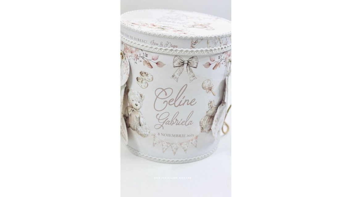 Trusou botez Nude Teddy Bear Toile de Jouy bej crem cu accente light pink și pattern floral vintage 4